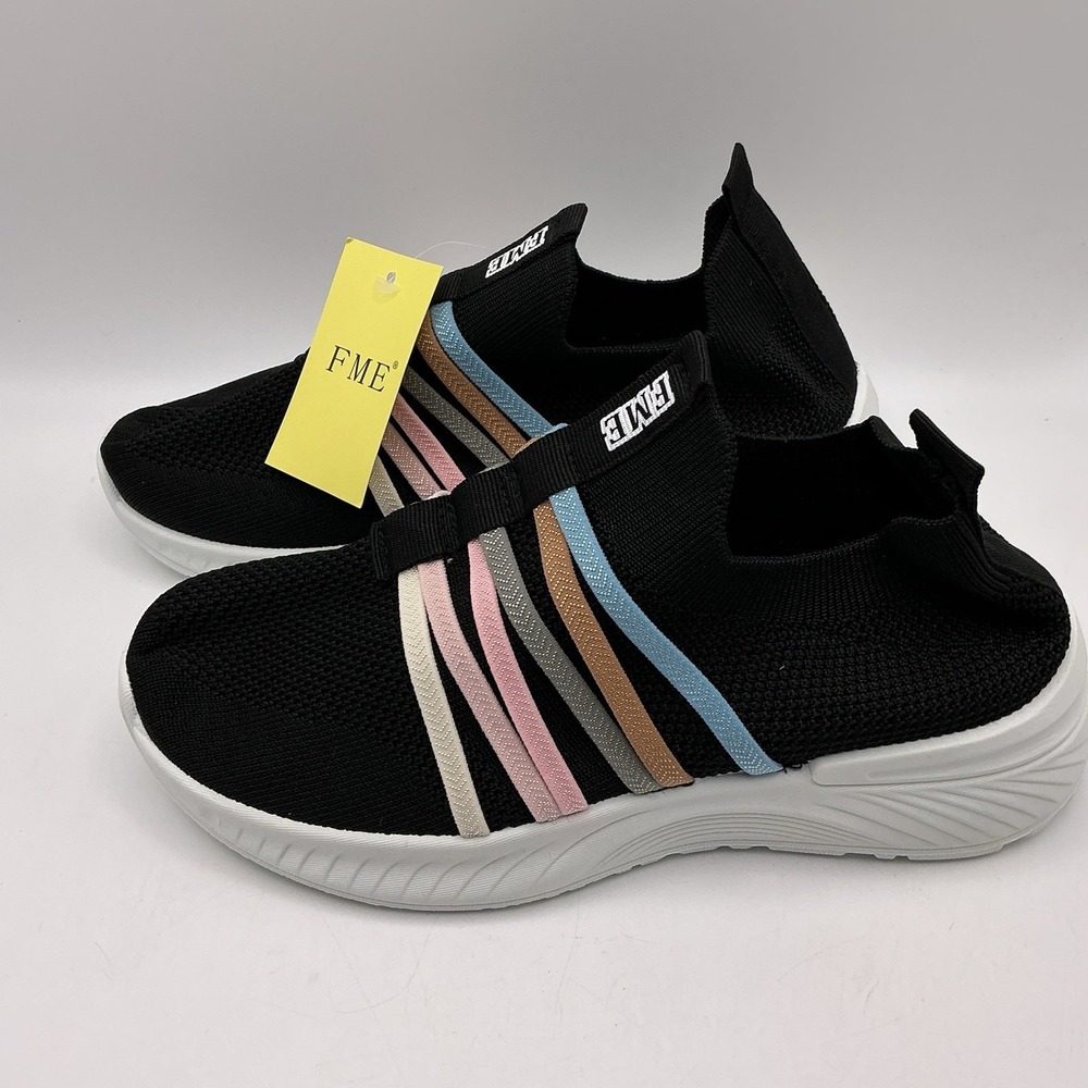 FME Women's Slip On Knit Sneakers Black Multi Stripe Size 36 New Tags